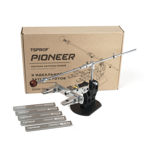 TSPROF Pioneer knife sharpener next to diamond sharpening plates and cardboard packaging box 